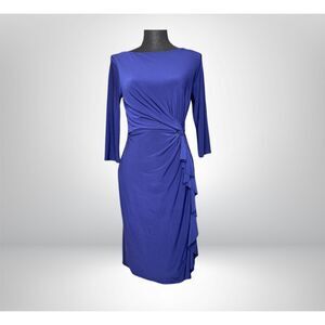 LAUREN RALPH LAUREN Royal Blue Rushed Ruffle 3/4 Sleeve Sheath Dress (4)